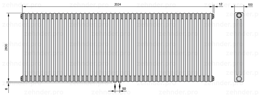 Схема (чертеж) Радиатор Zehnder Charleston 3280/44 №3470 Белый глянцевый RAL 9016